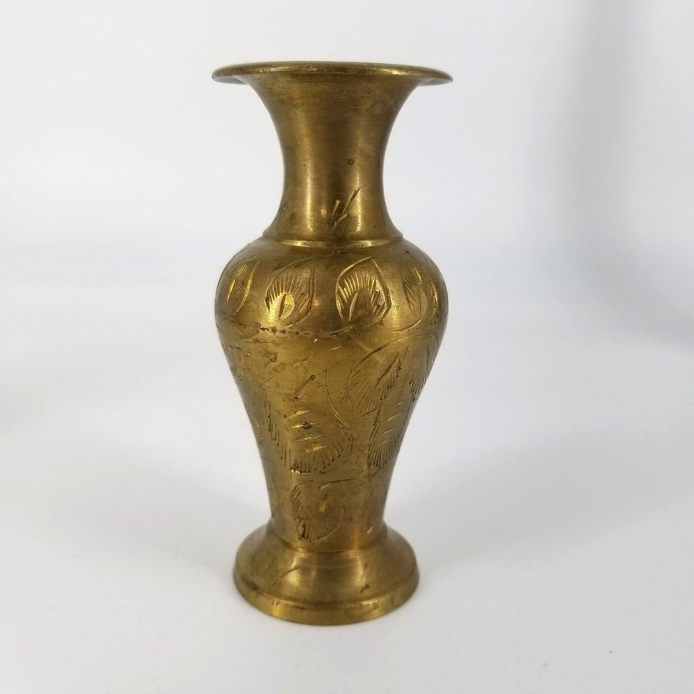 Vintage Brass Vase Flower Floral Three Etched India Home Decor 11.50" to 4.50" - Picture 5 of 11